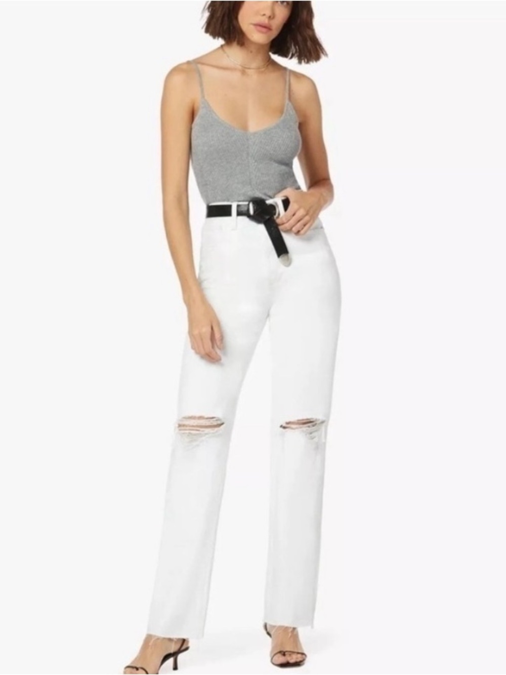 Favorite Daughter White High-Rise Straight-Leg Jeans with Knee Rips